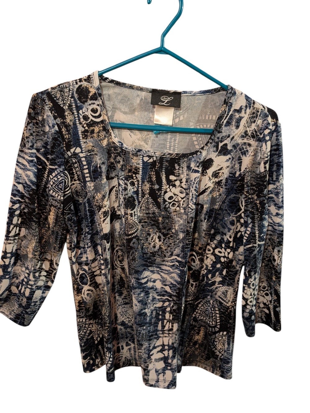 Blue Patterned Scoop Neck Women's Top
